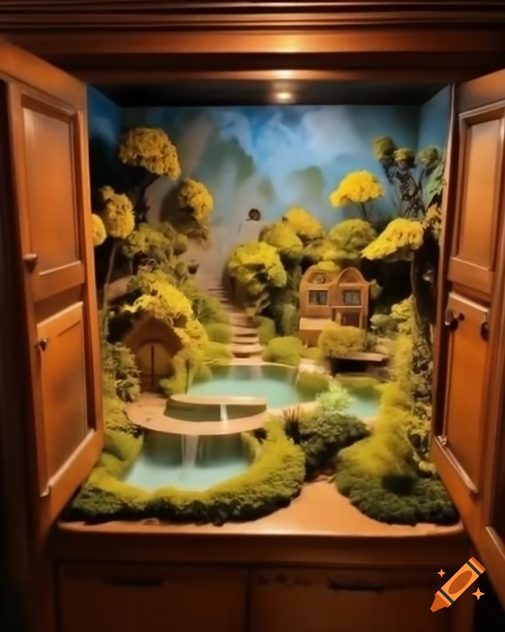 Whimsical diorama of miniature houses and detailed trees in repurposed cupboard