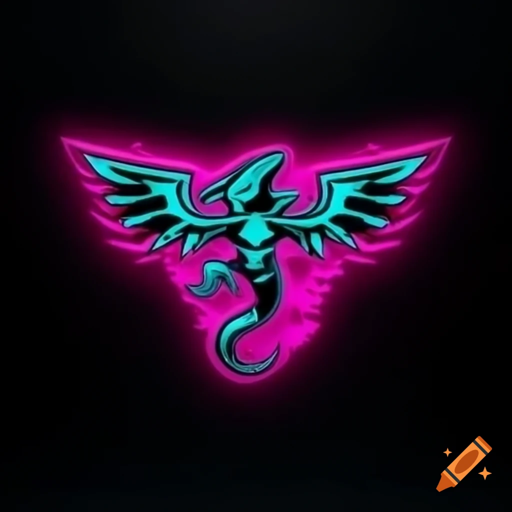 Football team logo in lizardman Aztec style with feathers in neon pink