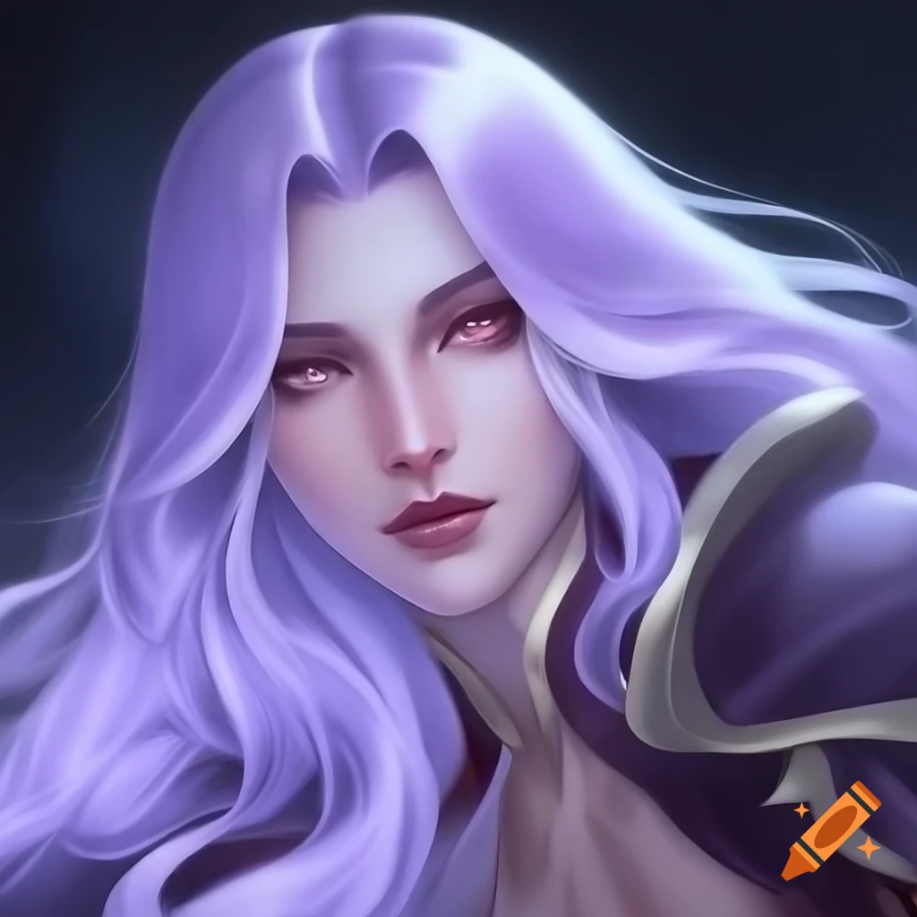 Ethereal maiden heroine with silver lavender hair in ornate boudoir painting