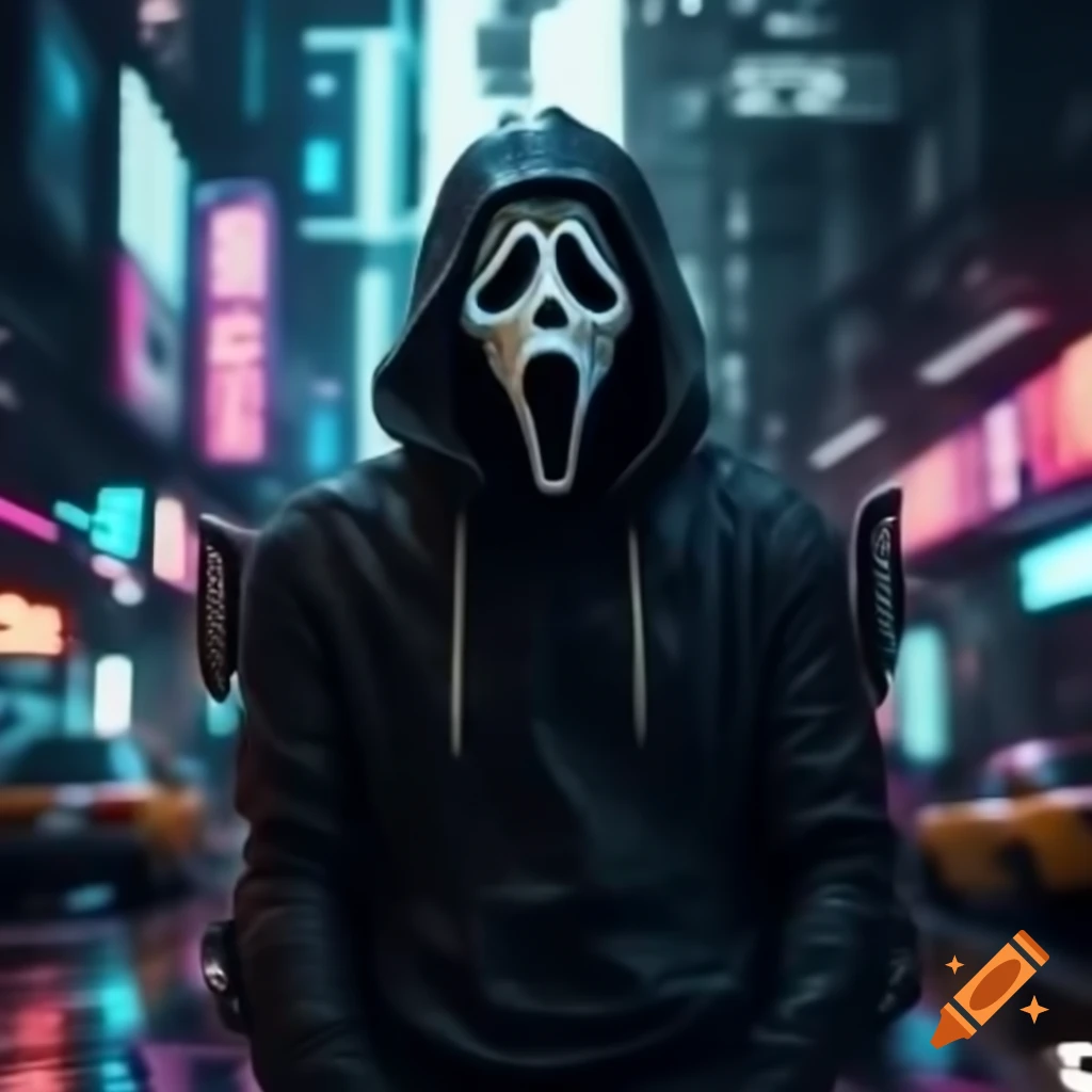 Robot GhostFace in a vibrant Cyberpunk city