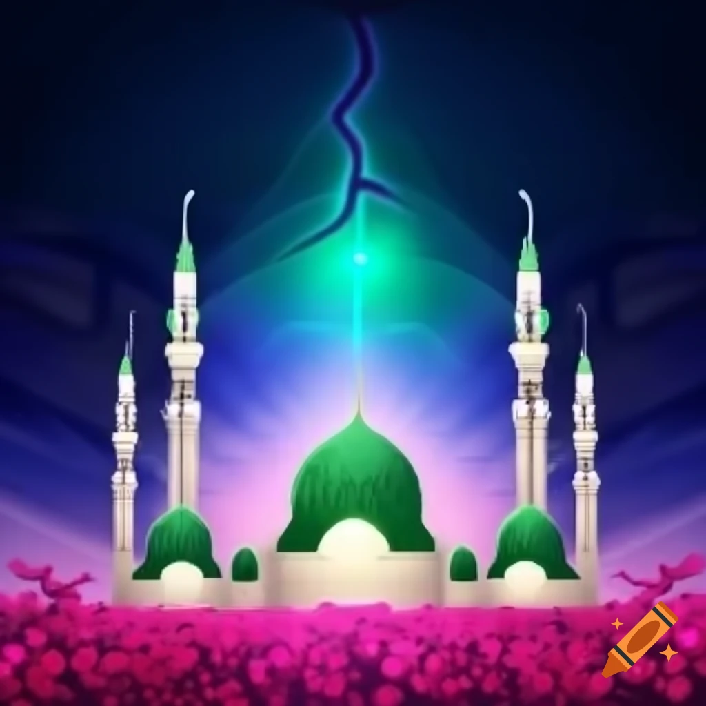 Vector art of Medina Mosque with green dome over pink flower field in hyperrealistic style