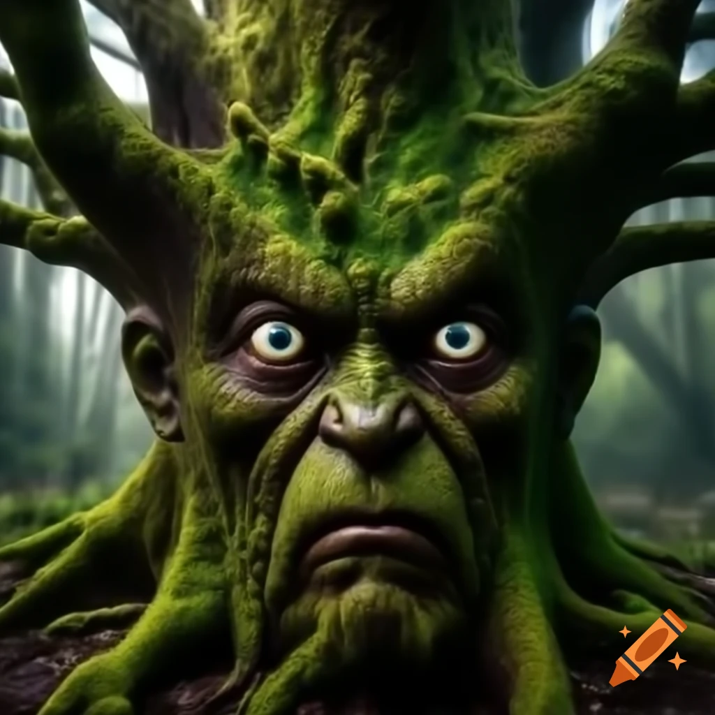 Detailed depiction of ancient tree with moss-covered face resembling a kind old man