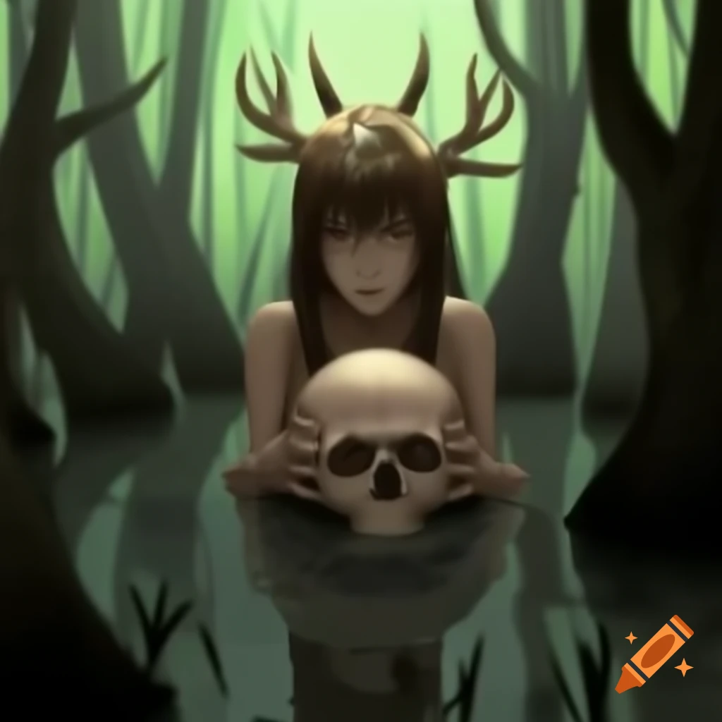 Anime woman with deer skull in swamp reaching out