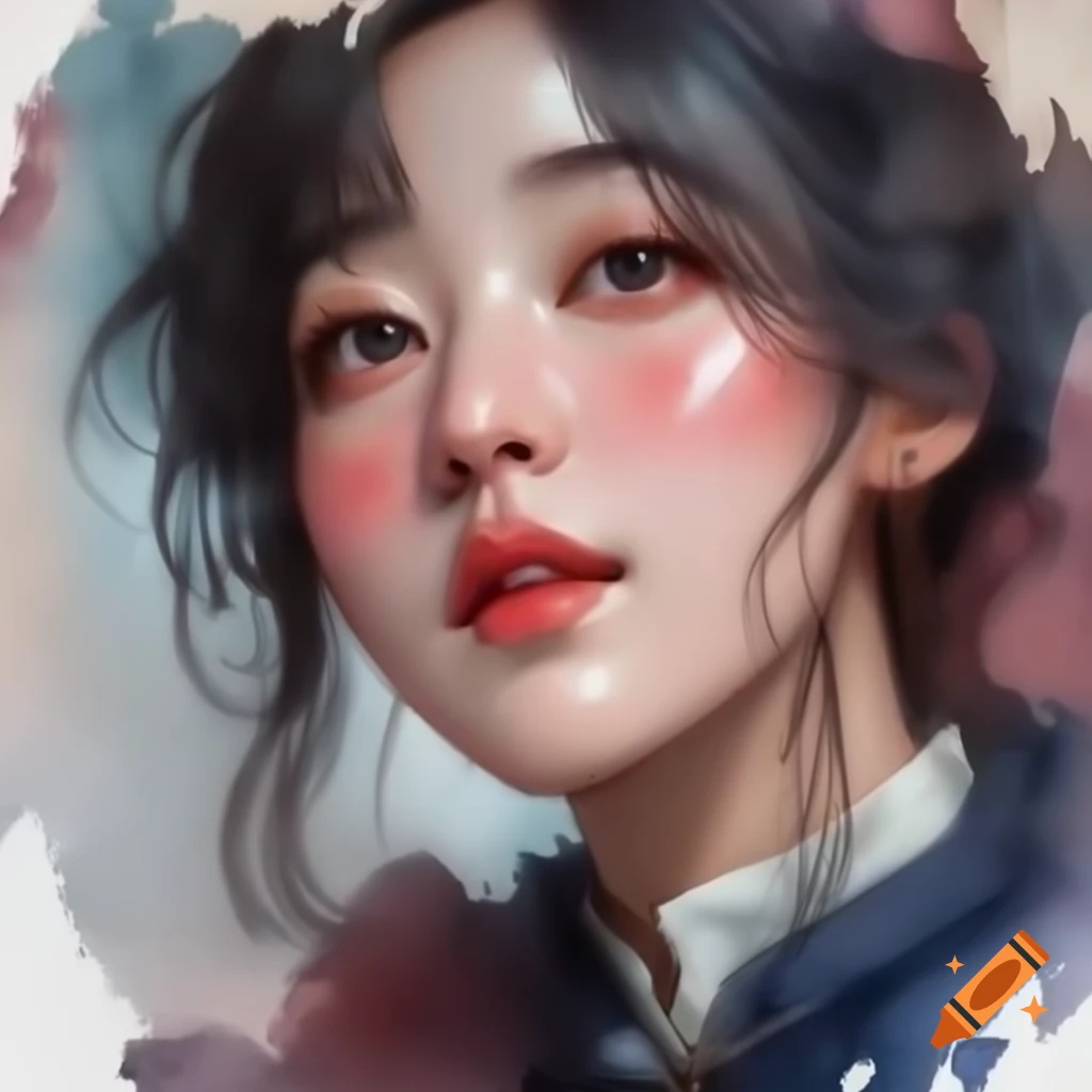 Detailed digital portrait of a charming Korean woman in watercolor style