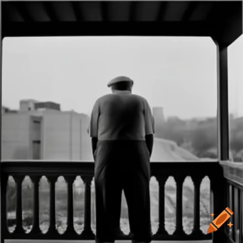 Elderly rapper with cane on porch overlooking urban cityscape