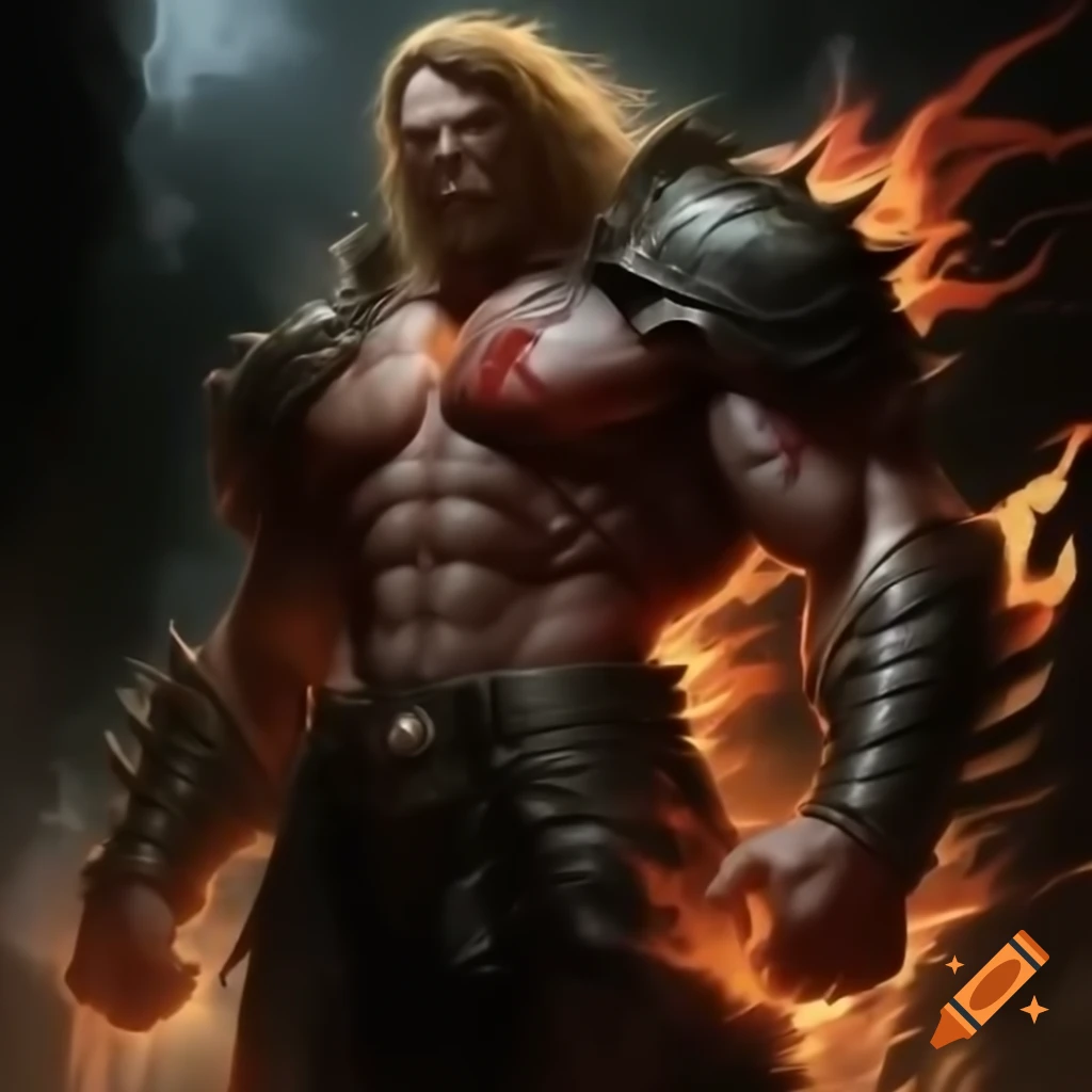 Muscular giant figure in spiked armor with burn scars and intense black and red eyes