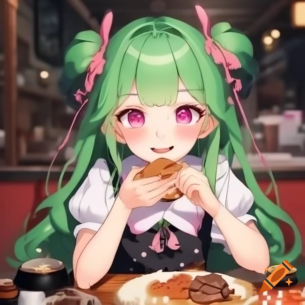 Anime girl with green hair and pink eyes in frilly dress enjoying Korean barbecue