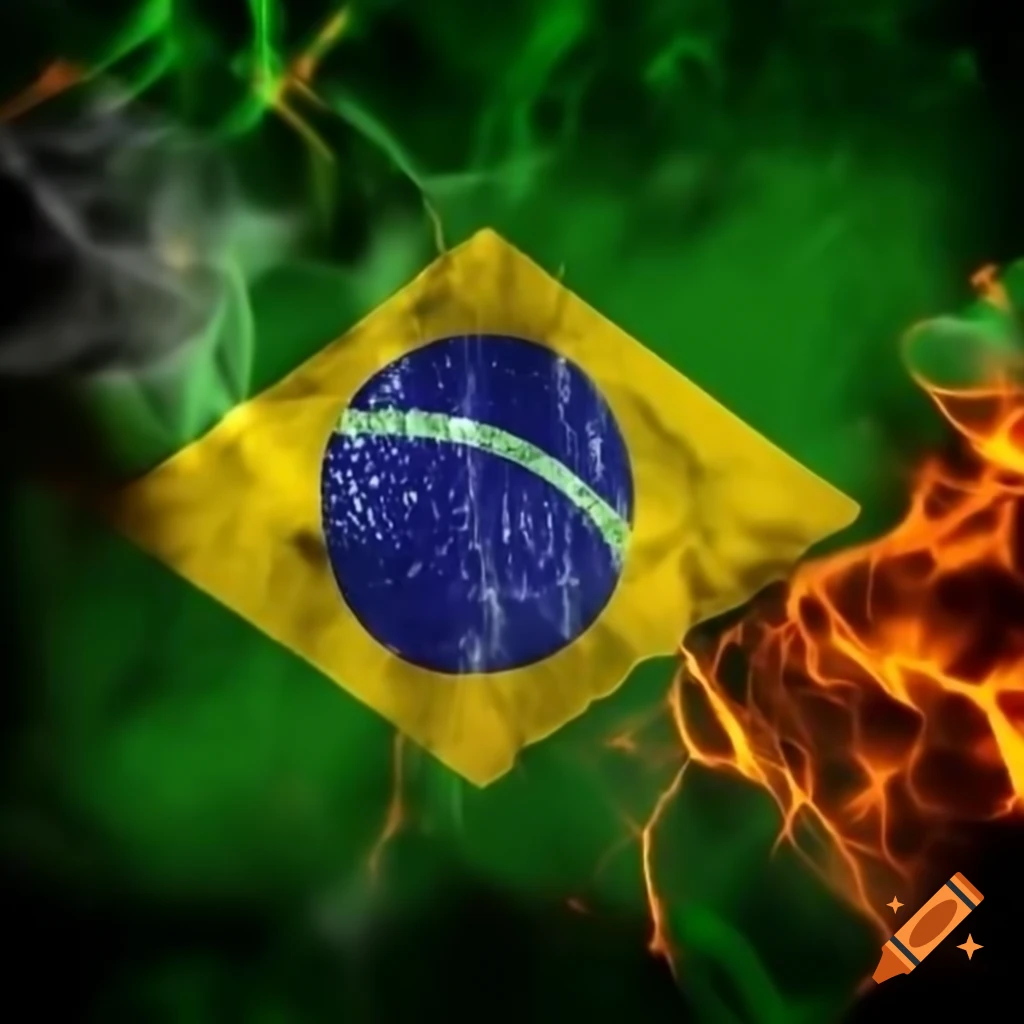Brazilian flag with fire and slogan