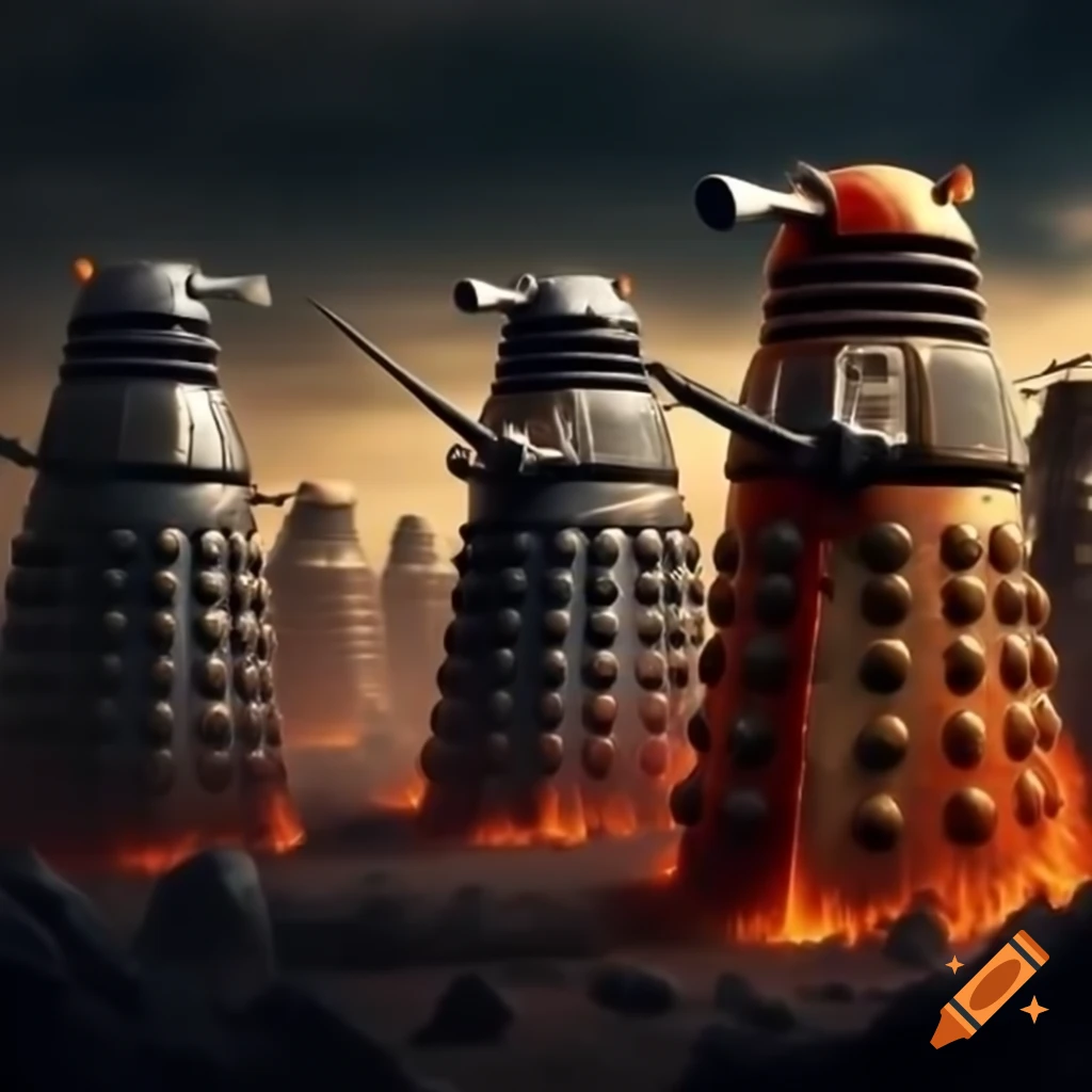 Chancellery Guard of Gallifrey charging into futuristic citadel to battle Daleks surrounded by vortex energy