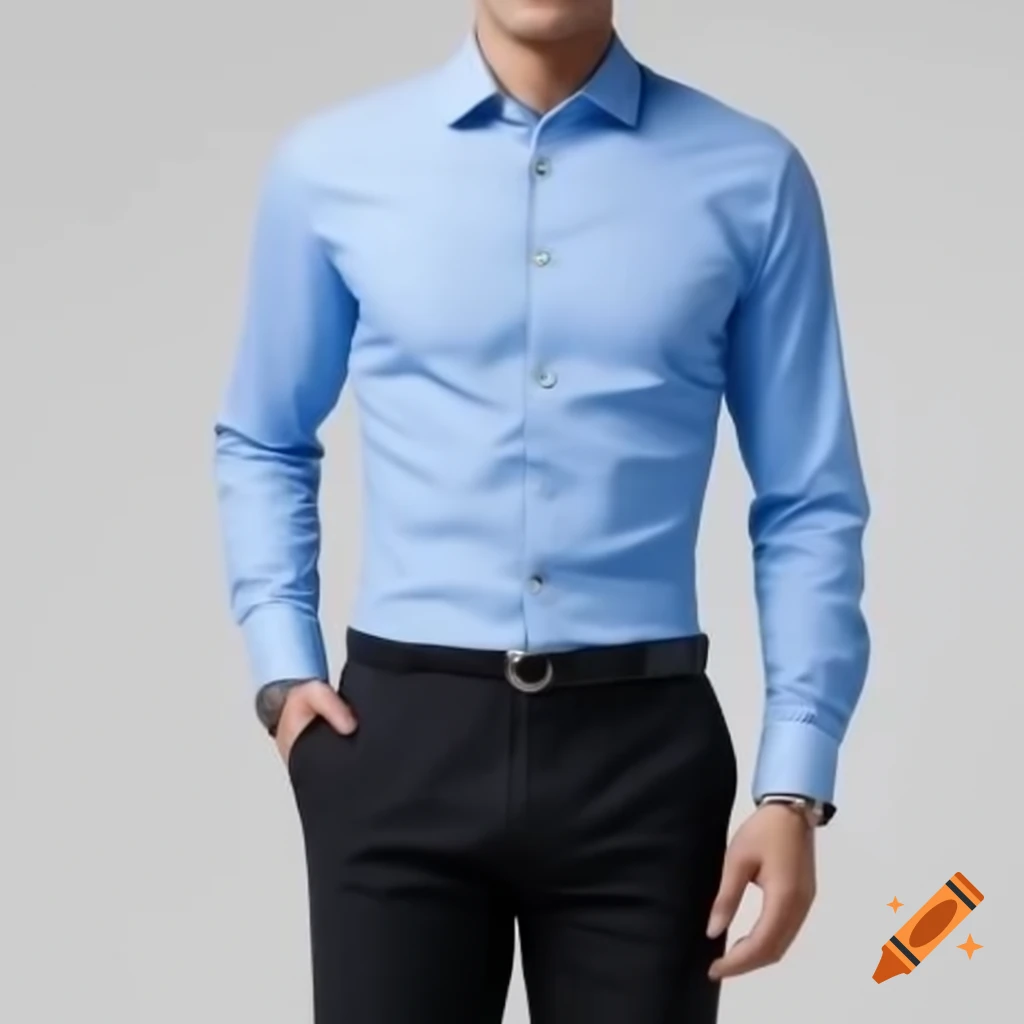 Man in blue button-up shirt and black business pants