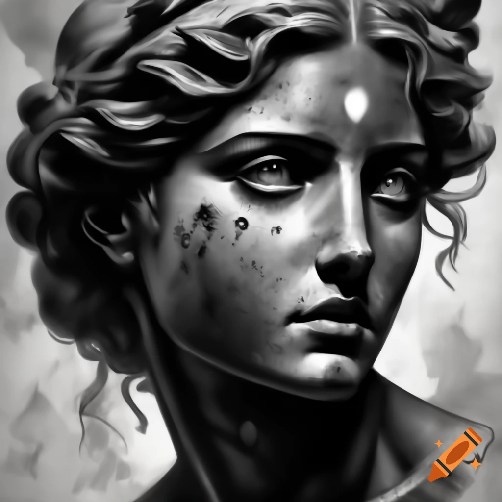 Stipple texture drawing of a Greek goddess in black ink by Stephen E. Fabian
