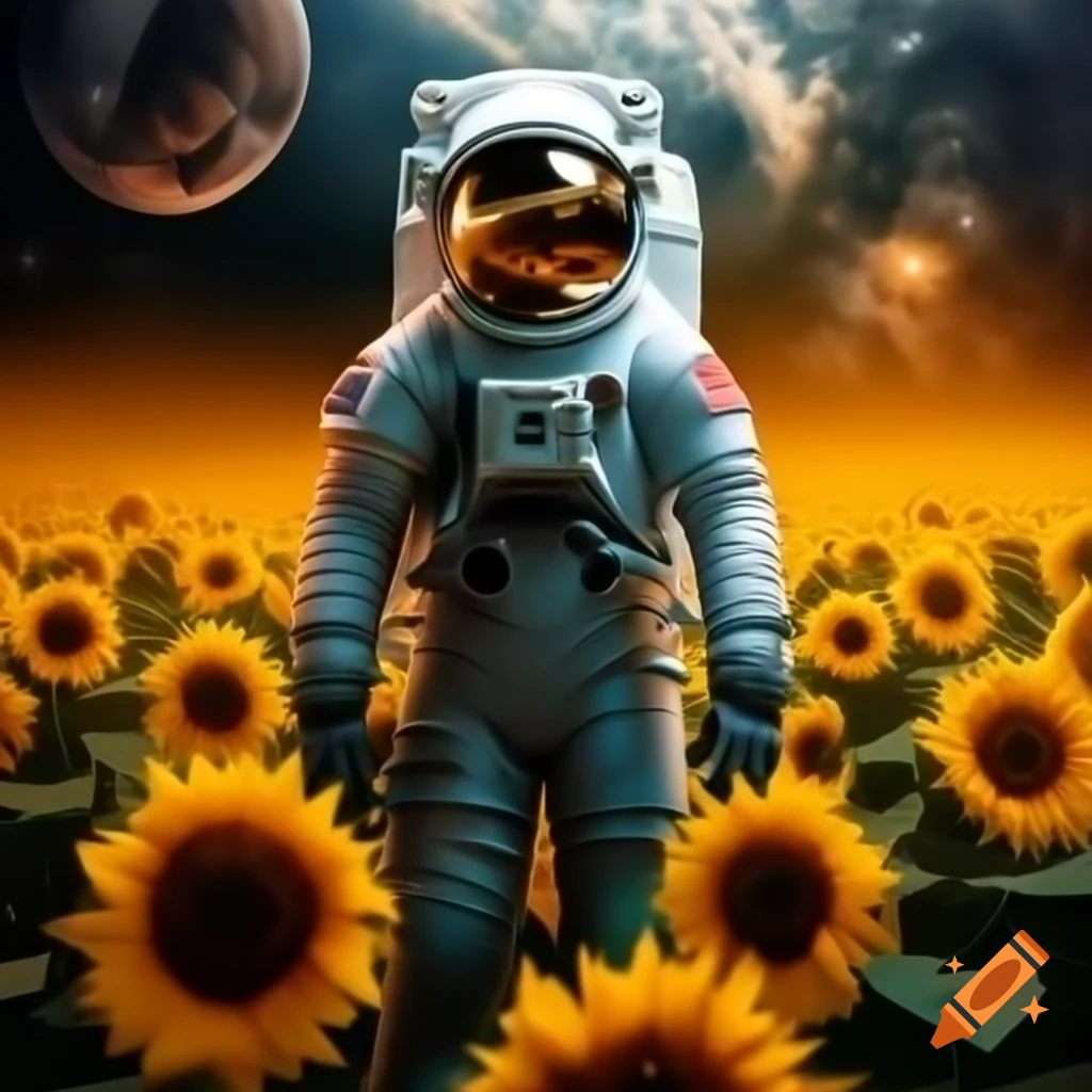 Astronaut in field of sunflowers with cosmic backdrop