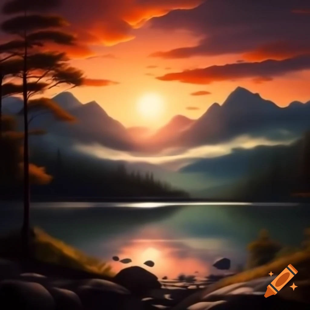Mesmerizing sunset with silhouette of mist-covered mountains and reflective calm lake