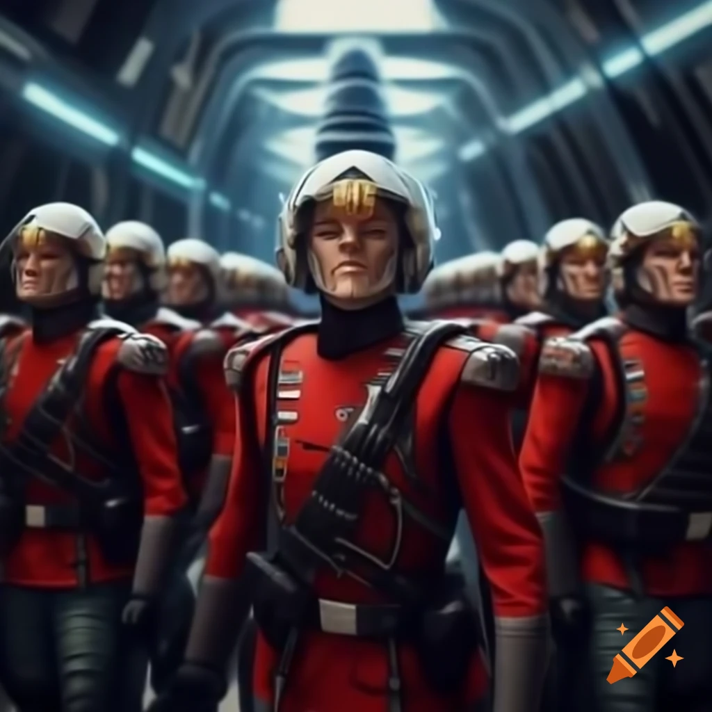 Futuristic Gallifrey Guards charging in red and white uniforms