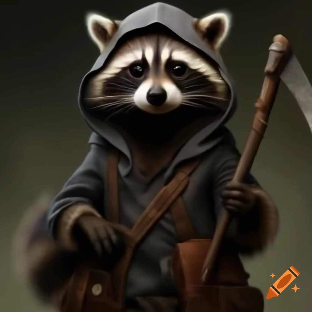 Raccoon in black hooded cloak with scythe