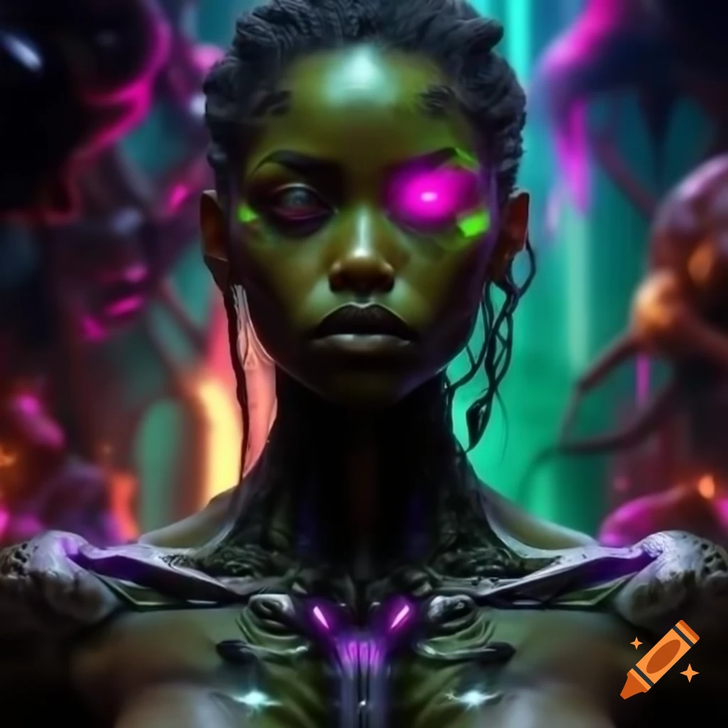Close-up of feminine figure with cybernetic features and glowing veins in neon-lit setting