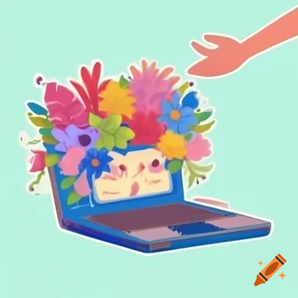 Cartoon laptop with hand holding colorful bouquet of flowers, playful design