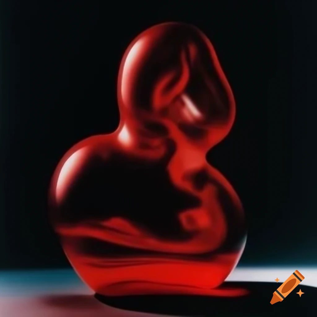 Iridescent red glass statue in pop surrealism style photography from the 2000s
