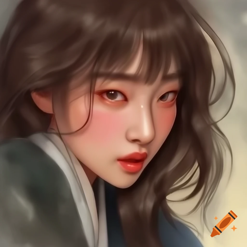 Detailed digital portrait of a charming Korean woman in watercolor style
