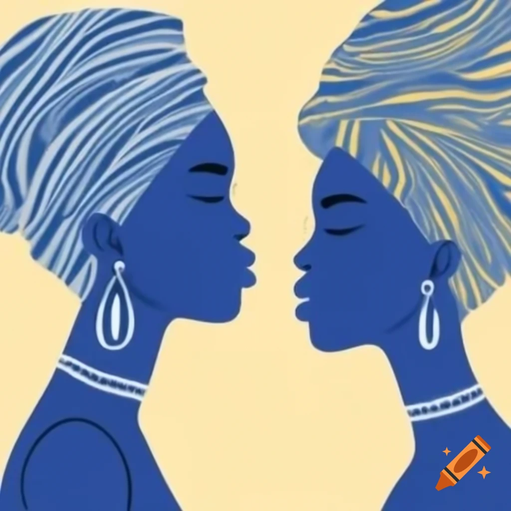 Two African women facing each other in blue and yellow pointillism style