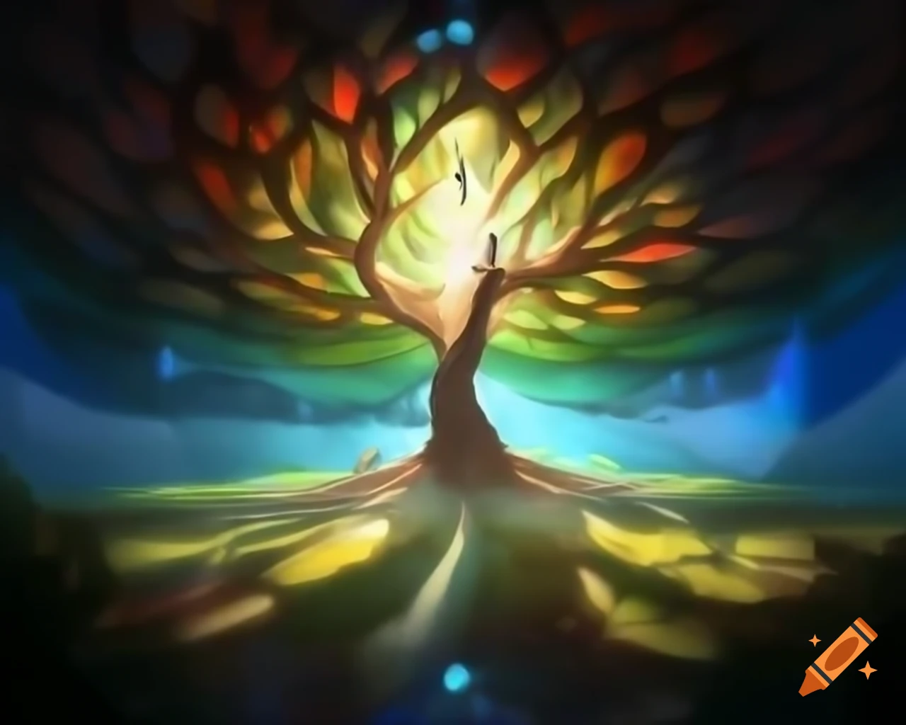 Gnarled tree and luminous stained glass in vibrant colors