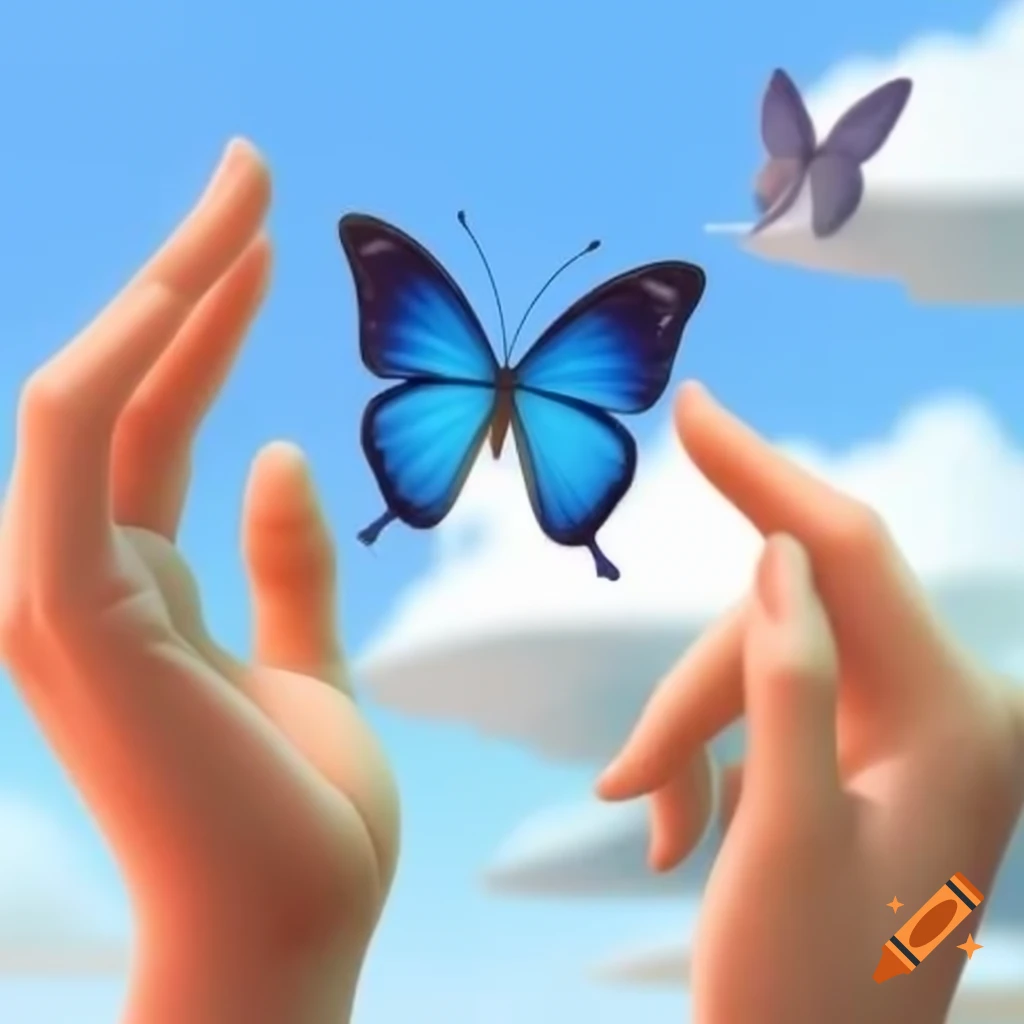 Two hands nearly touching with a blue butterfly approaching, creative composition