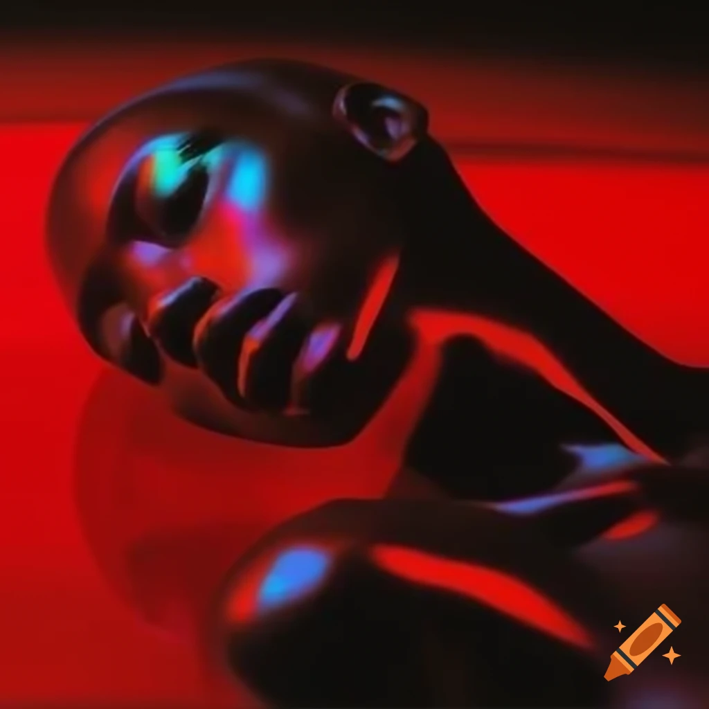 Iridescent red glass statue in pop surreal 2000's photography style