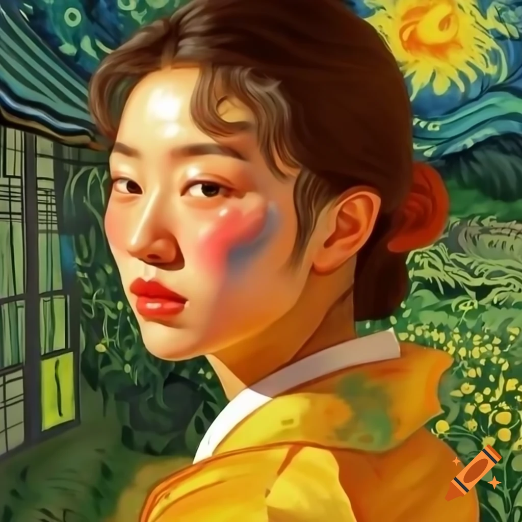 Stunning animated portrait of Korean woman in gold, Van Gogh and Rembrandt styles