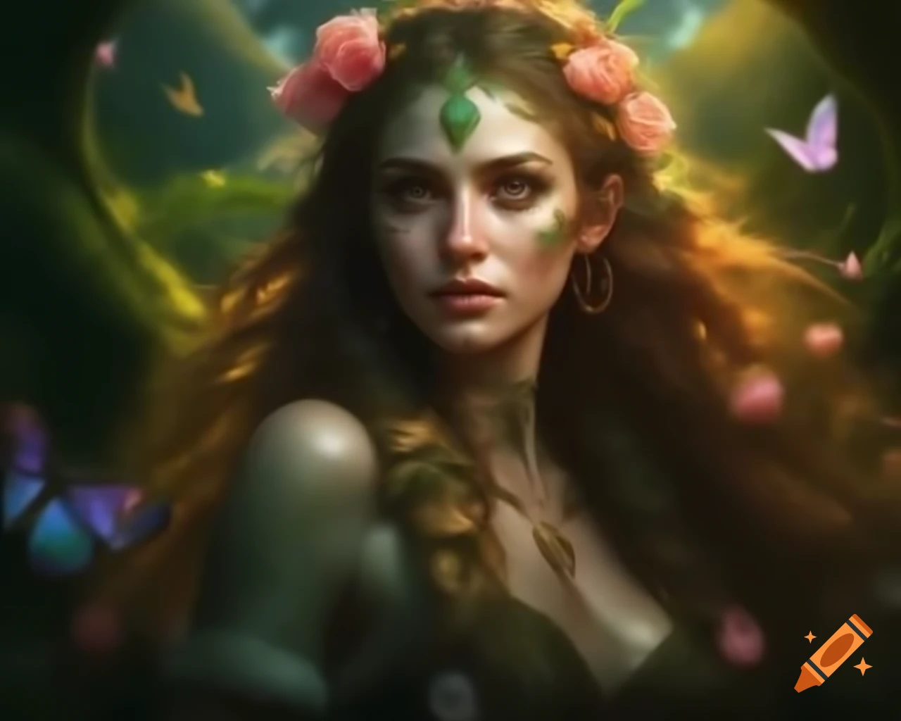 Hyperrealistic depiction of mystical Norse Celtic woman with flowers and butterflies in her hair