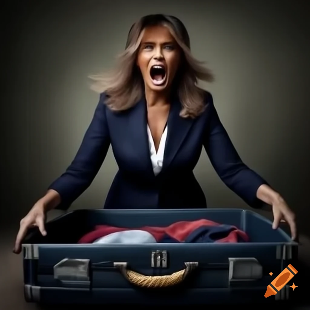 Melania Trump packing in frumpy clothes with messy hair, photorealistic