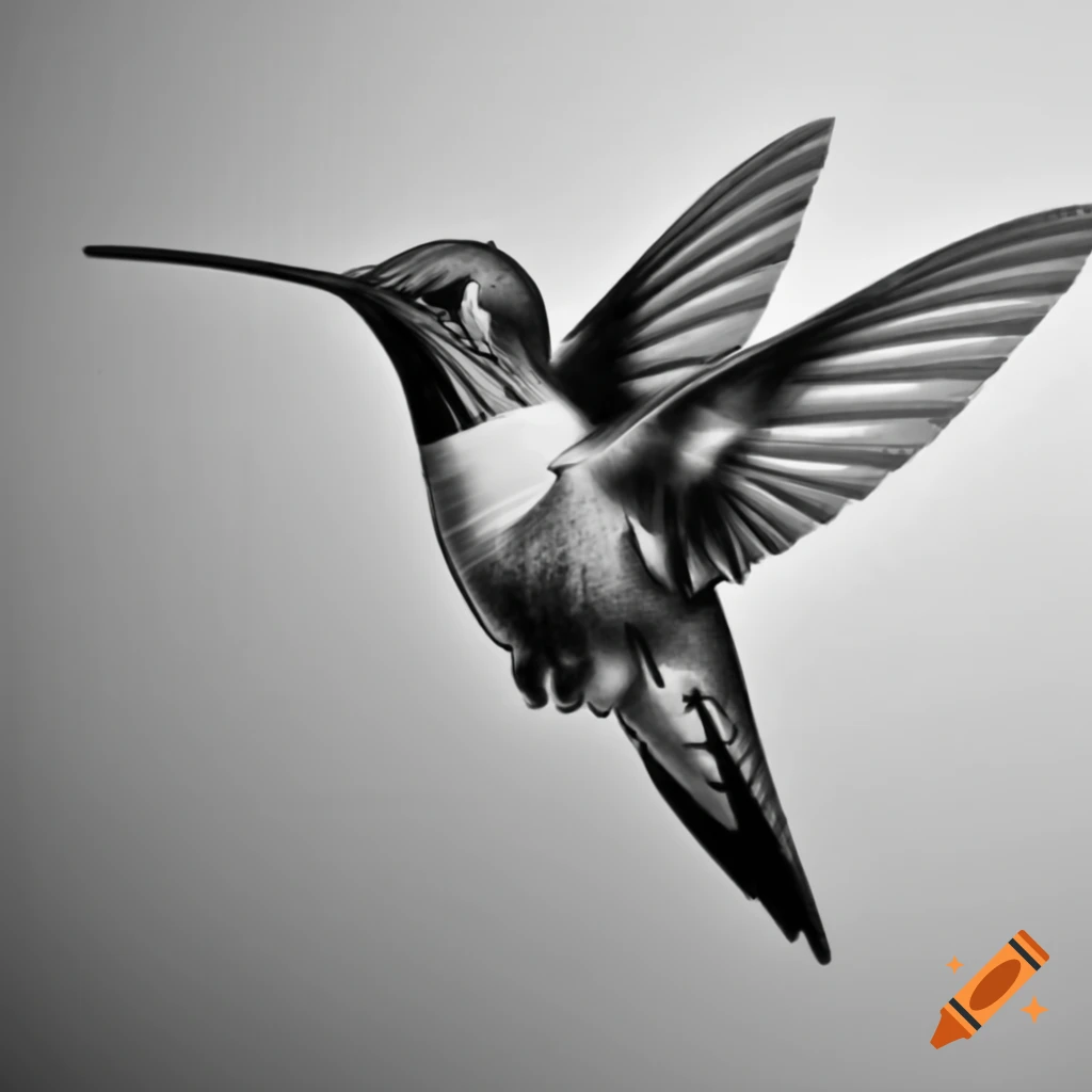 Stipple drawing of a hummingbird in black ink