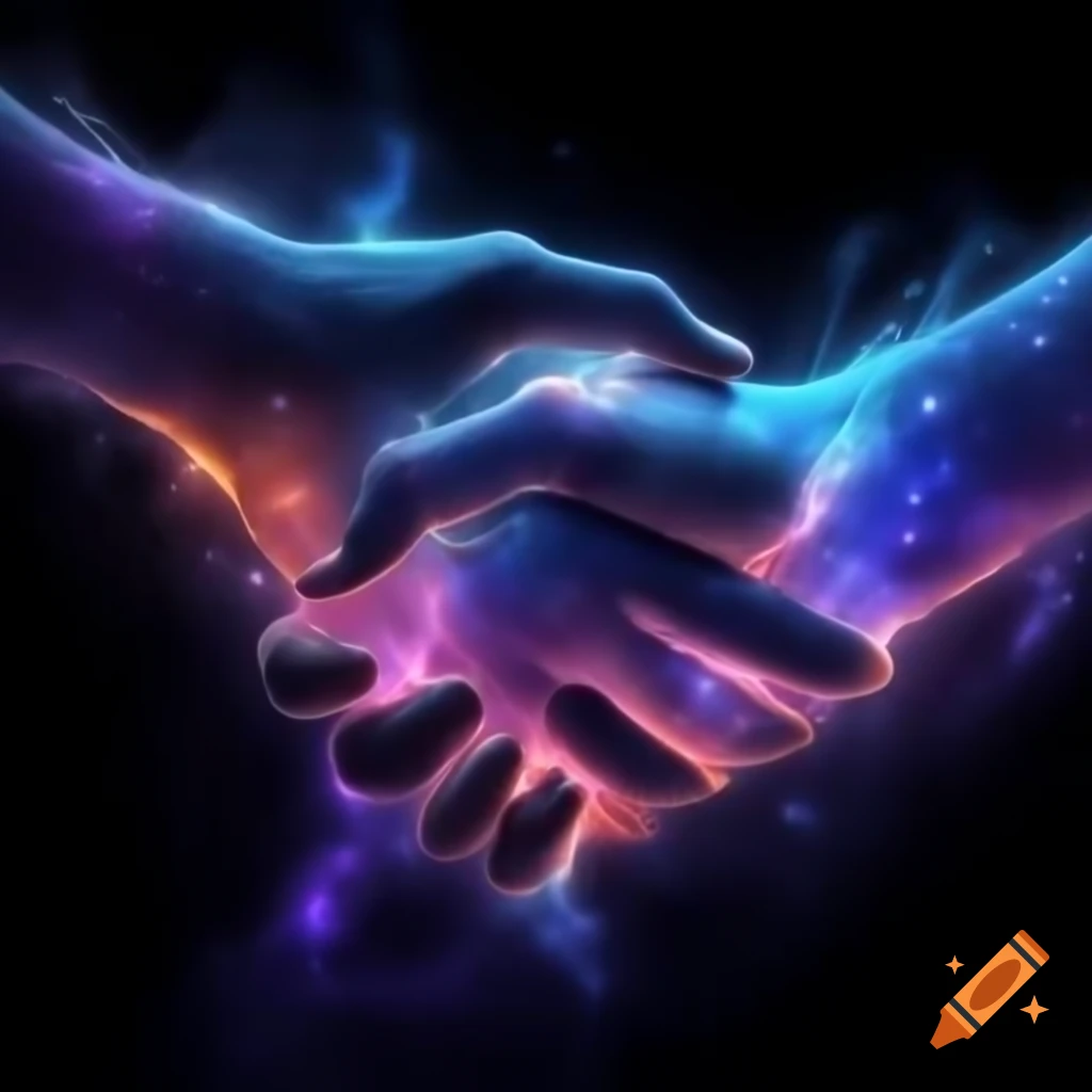 Artistic representation of a hand forming a hug shape with a galaxy background