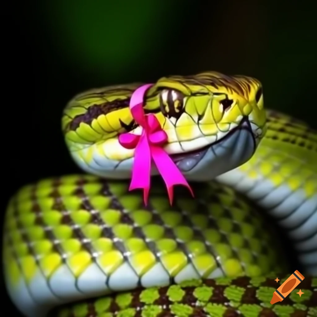 Viper snake adorned with a pink bow on its head