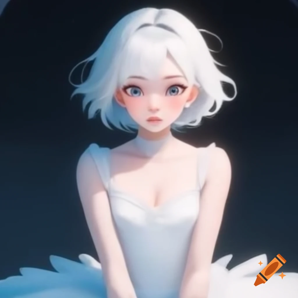 Young woman with white hair wearing a white ballet dress