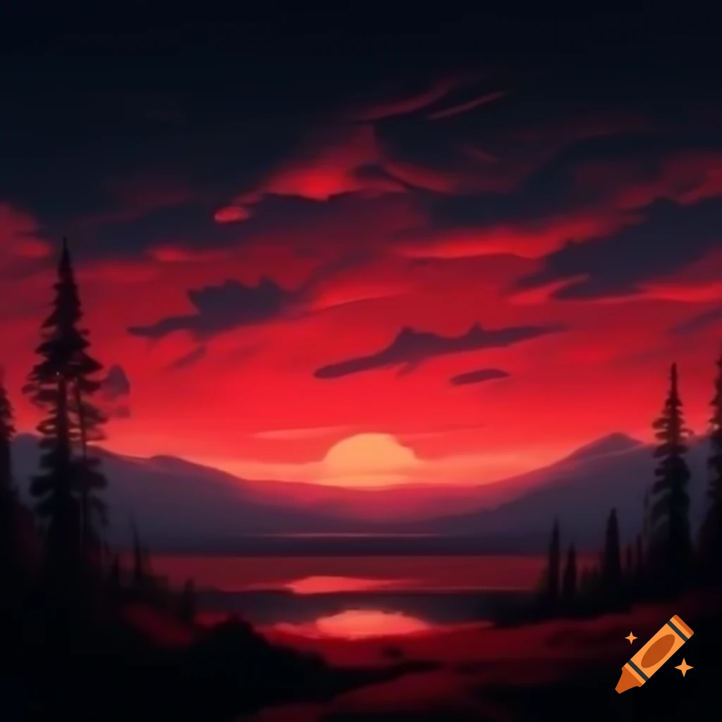 Mystical landscape with red sky in anime style, cover art