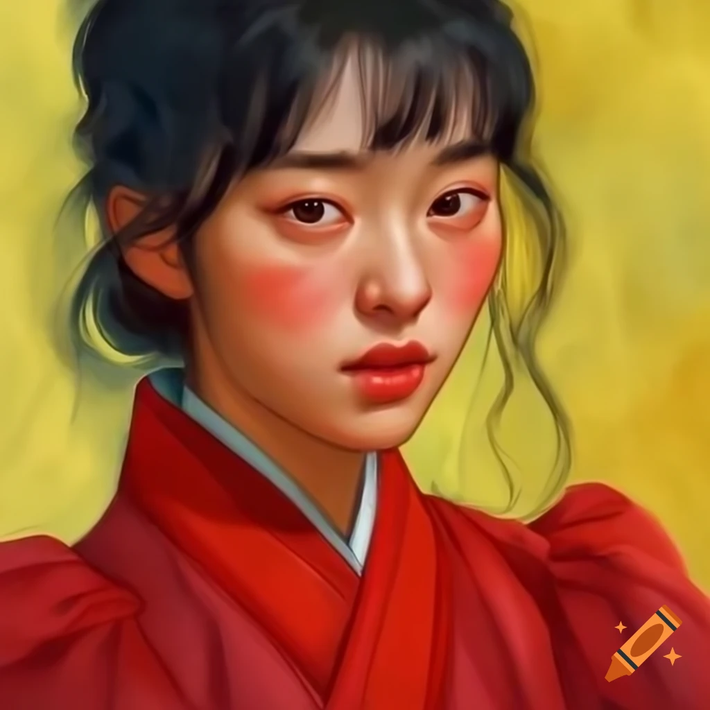Portrait of Korean woman in red, animated style with watercolor and Van Gogh influences