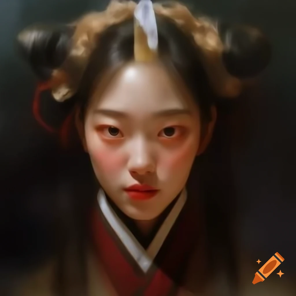 Detailed digital watercolor portrait of a charming Korean woman in Rembrandt style