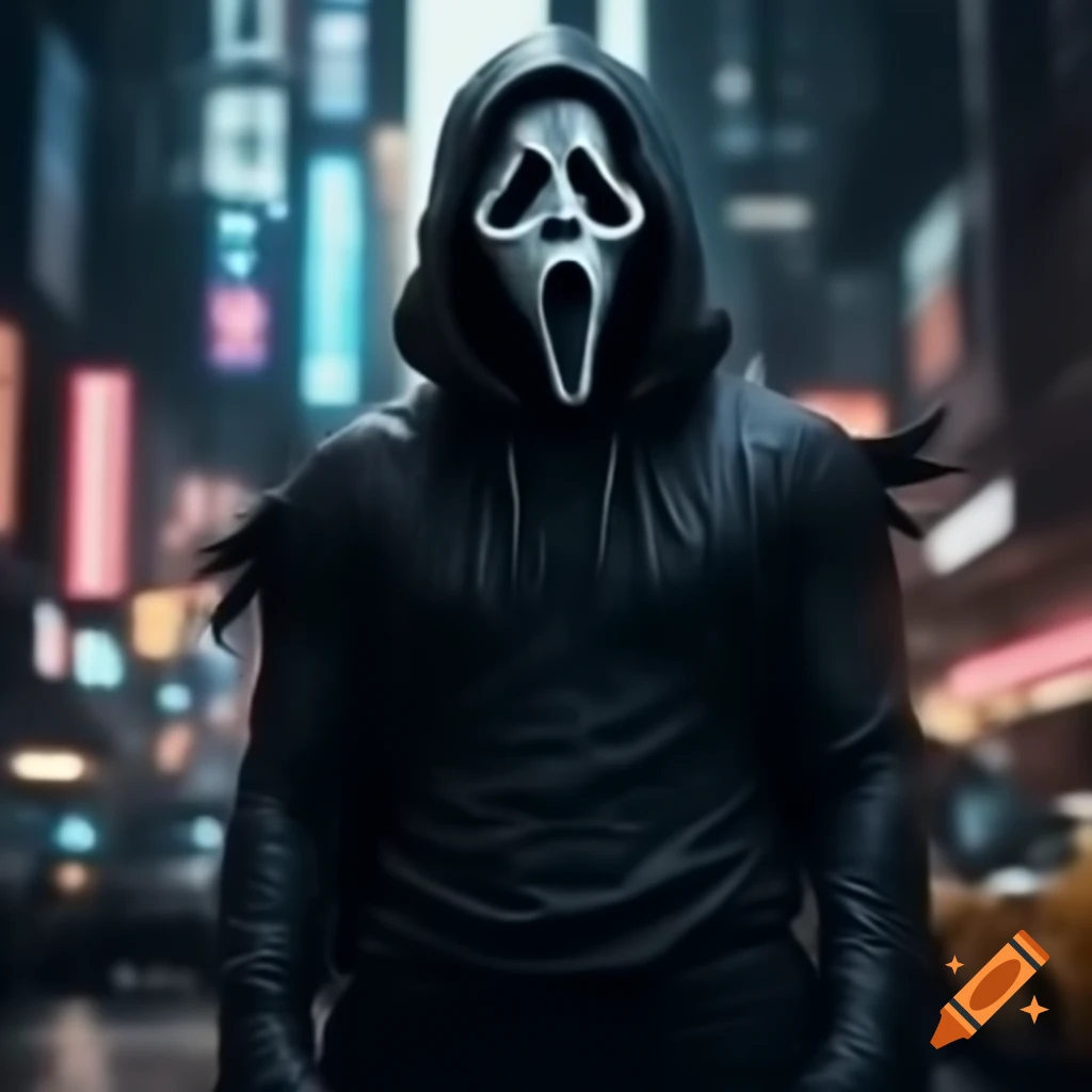 GhostFace character in a vibrant cyberpunk city setting