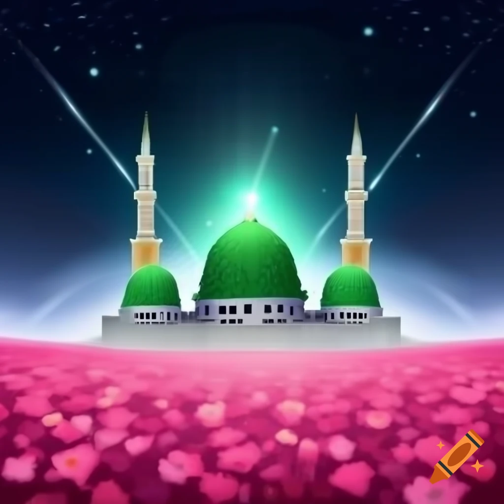 Vector art of Madina Mosque with glitter and stars on pink flower field