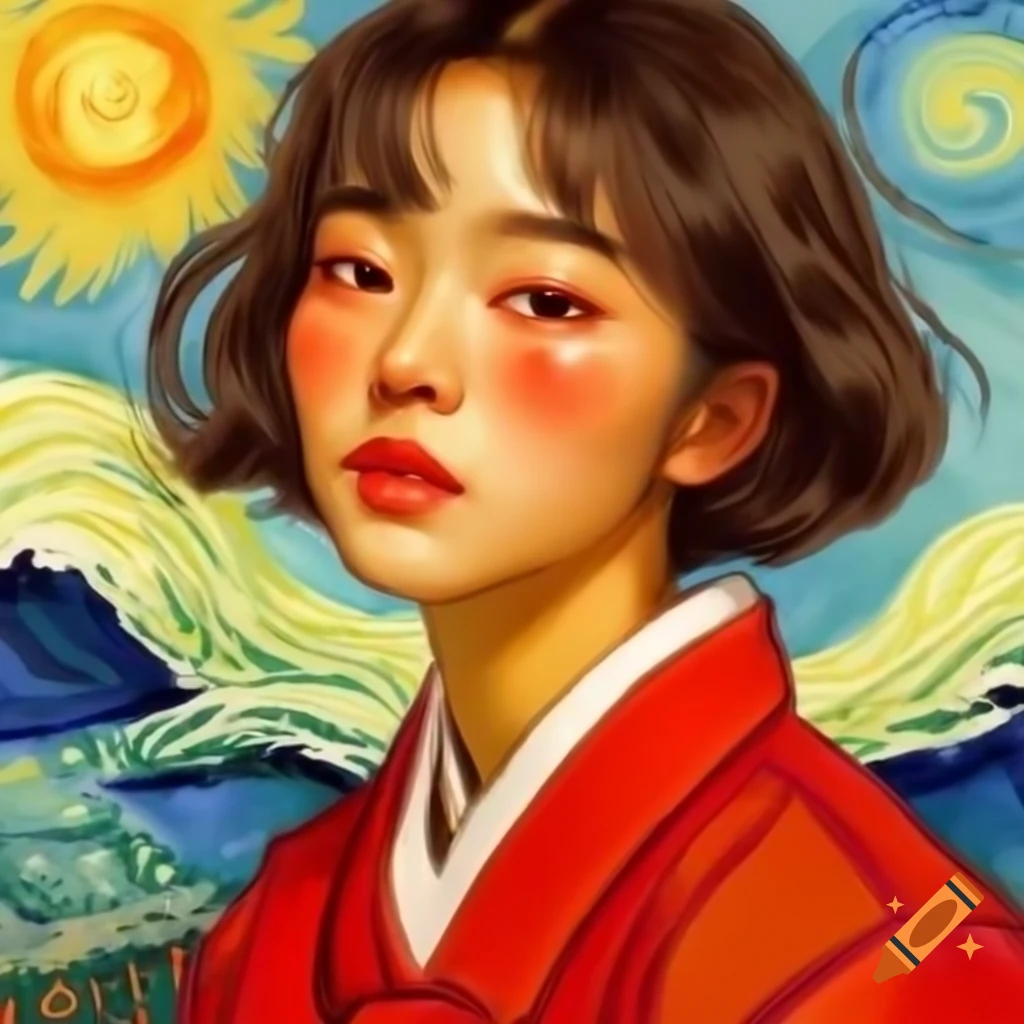 Stunning portrait of Korean woman in red, animated style, Van Gogh and Rembrandt influences