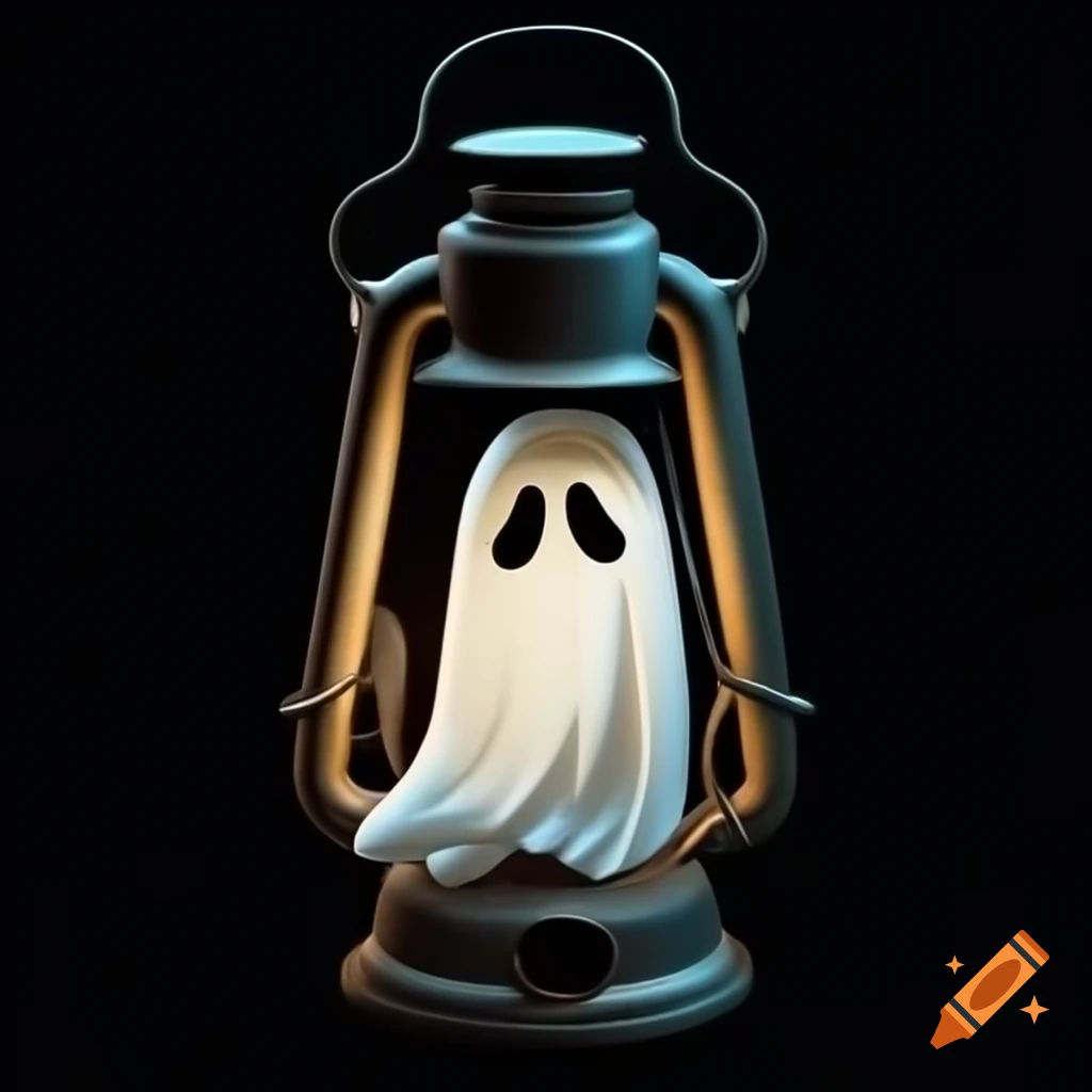 Ghost holding lantern against black background