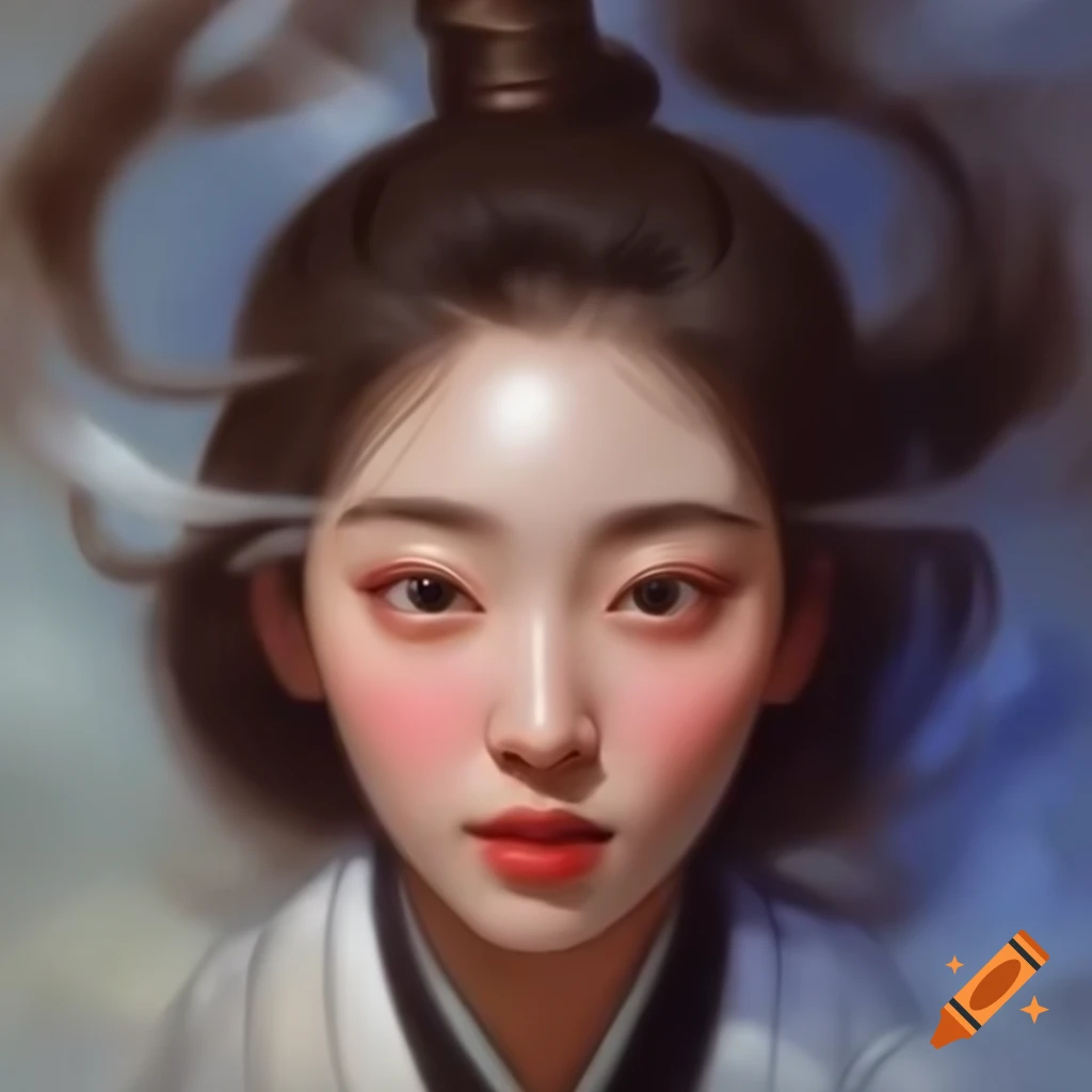 Detailed digital portrait of charming Korean woman in watercolor style