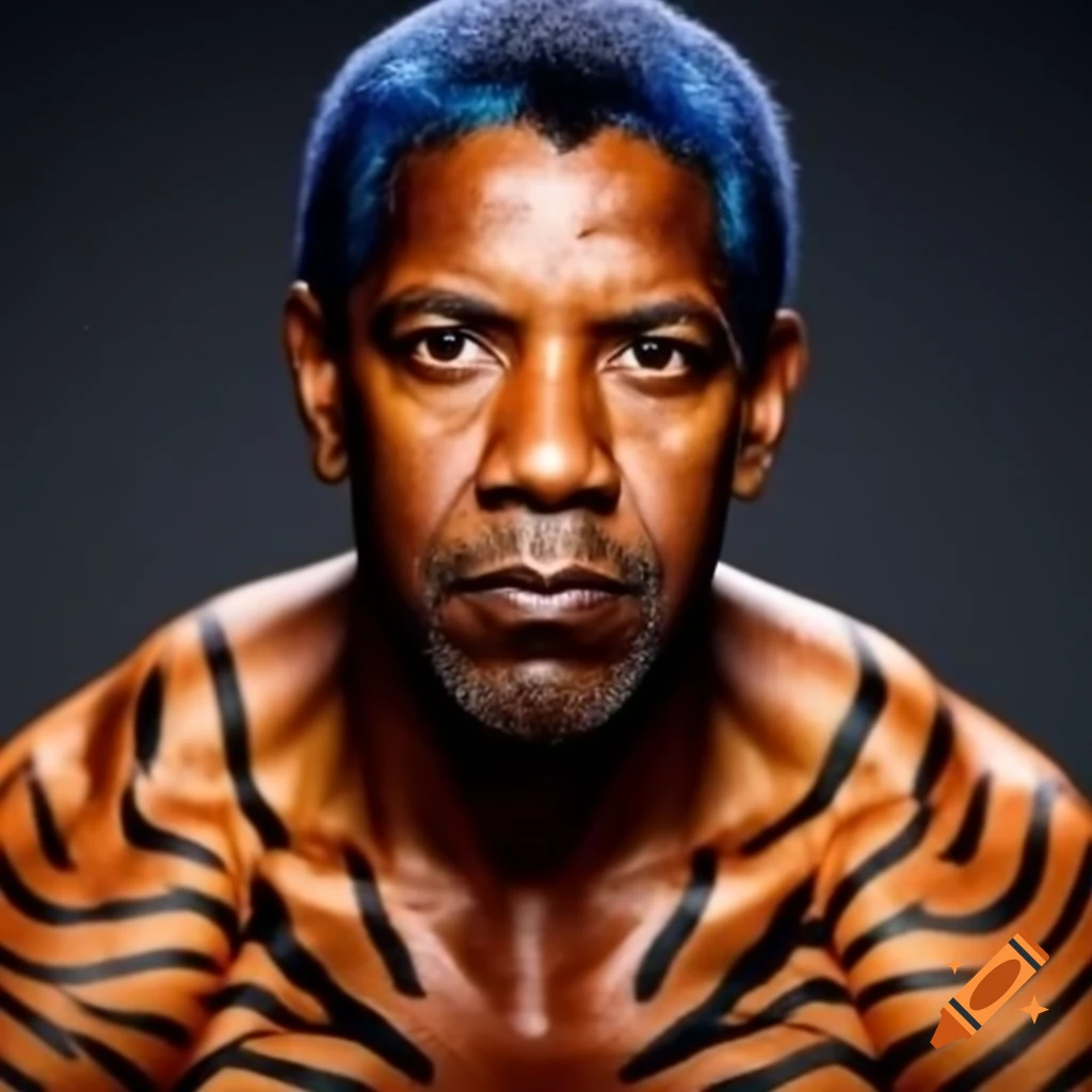 Muscular man with tiger-style makeup featuring blue hair and orange skin