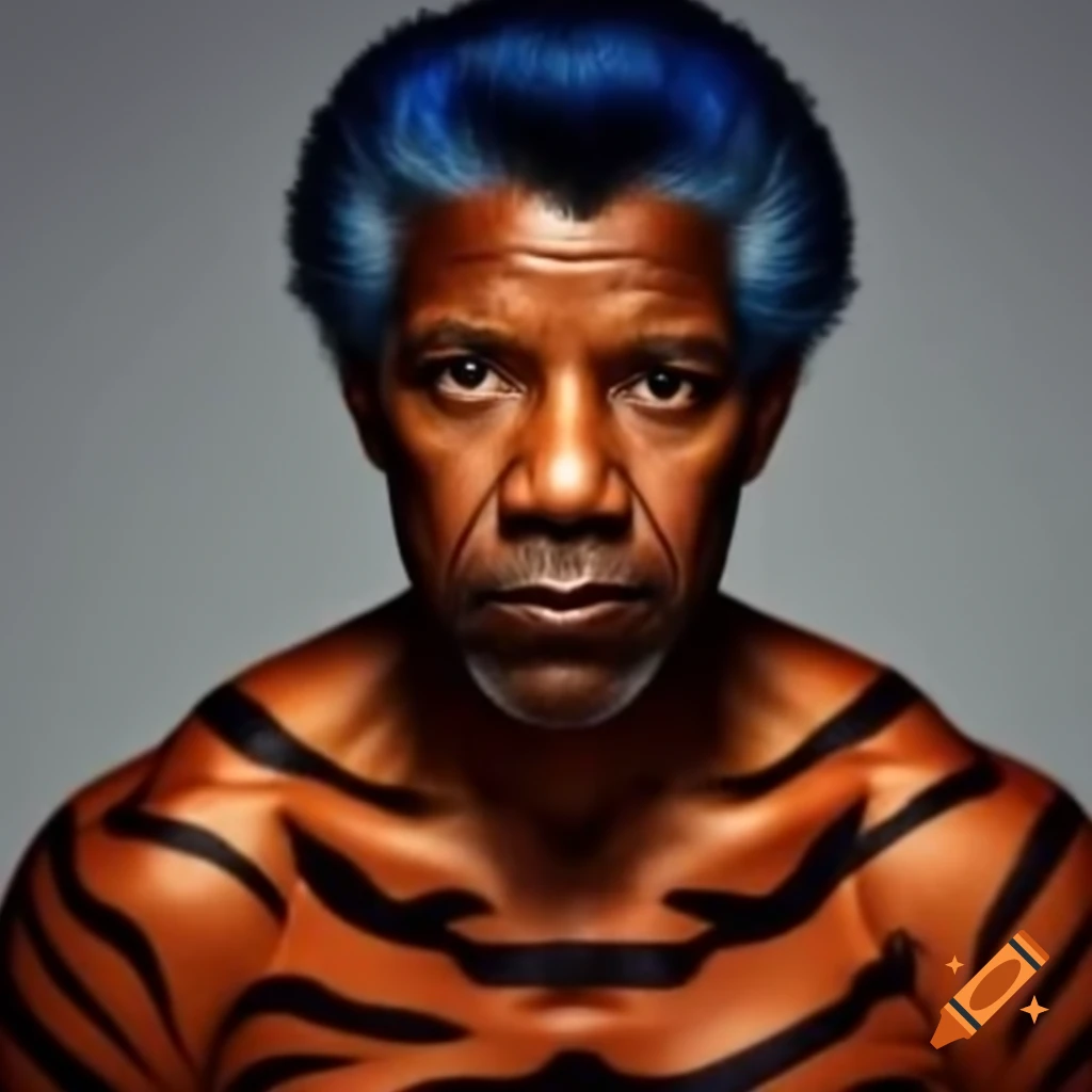 Muscular character with tiger-style makeup featuring blue hair and orange skin