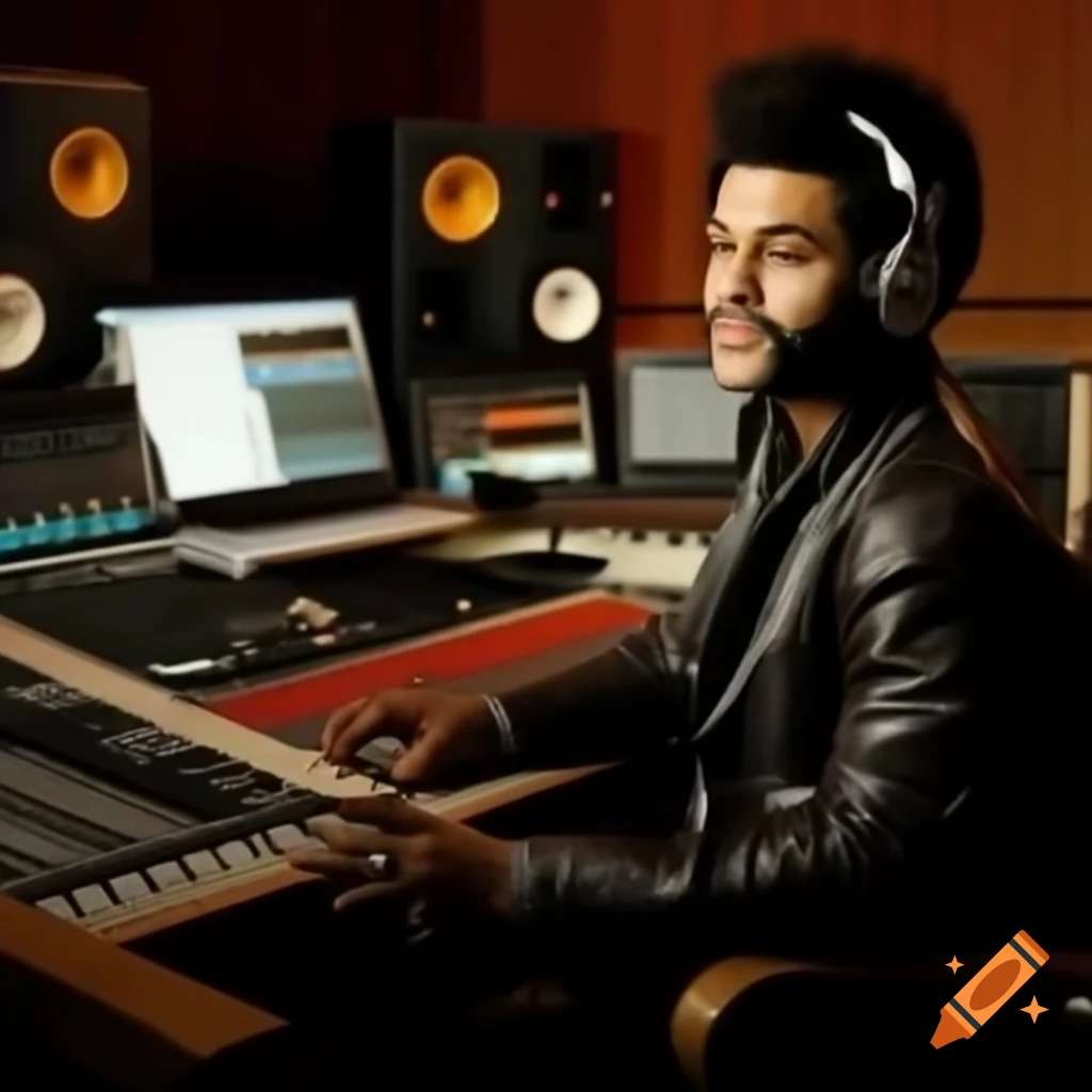 Comic style illustration of music recording studio with sound engineer