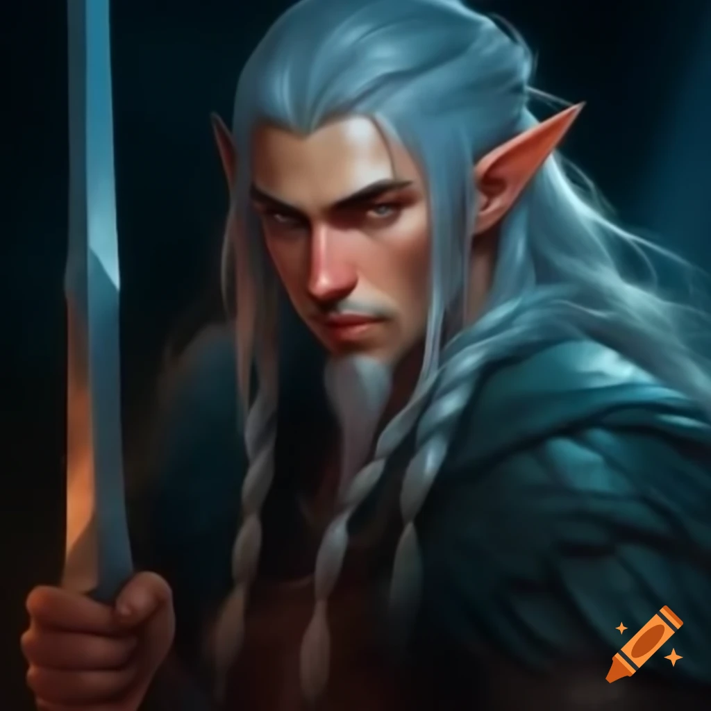 Elven warrior with silver hair in chainmail holding sword