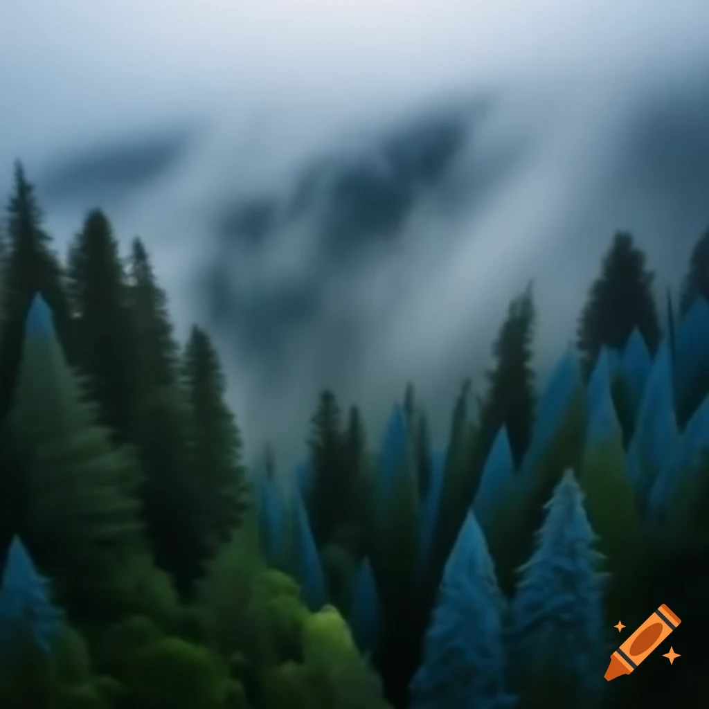 Foggy forest with blue trees and dark skies