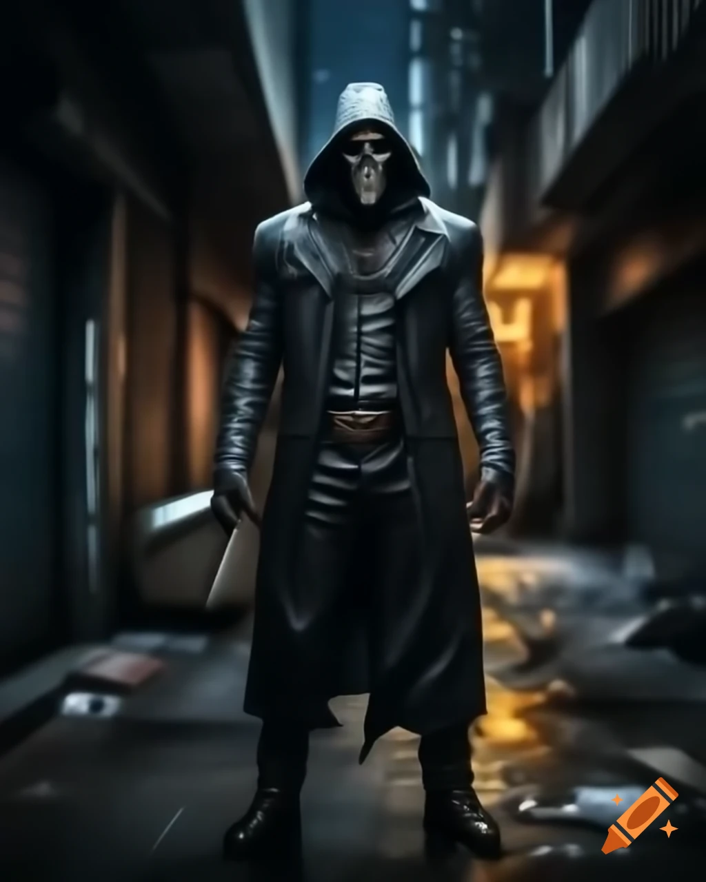 Tall masked villain in body armor with goggles in city alley at night