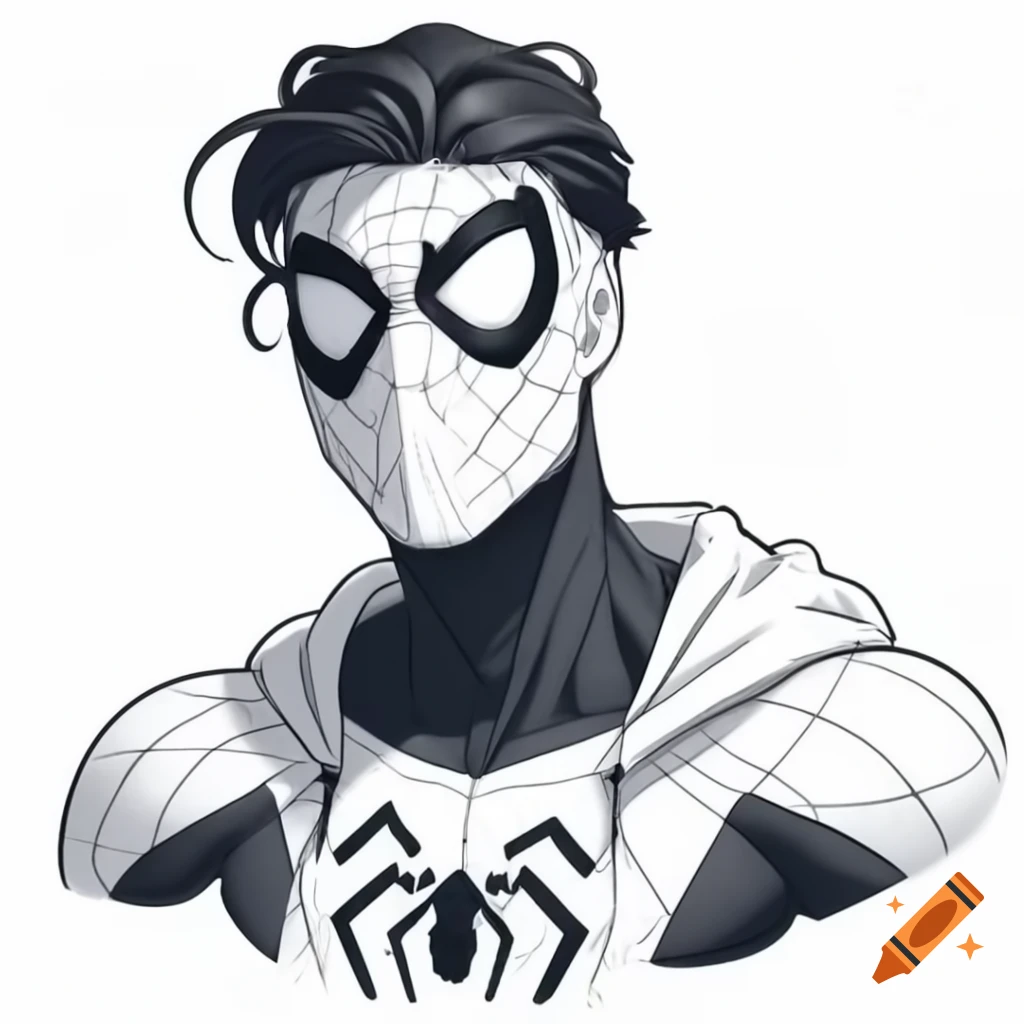 Character in white and black Spiderman suit wearing a hoodie, head turned to the side