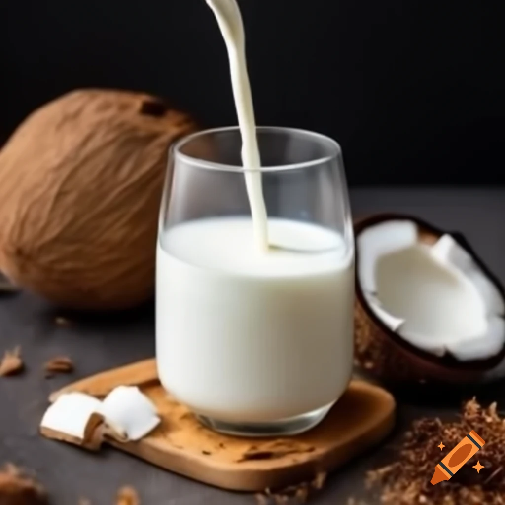 Glass of coconut milk with cracked coconut and pieces surrounding